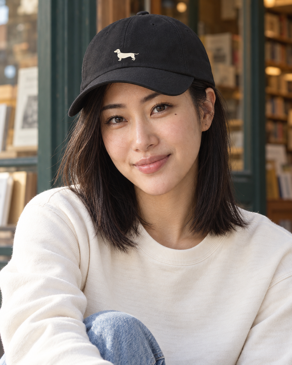 Lina wearing a black dachshund classic cap