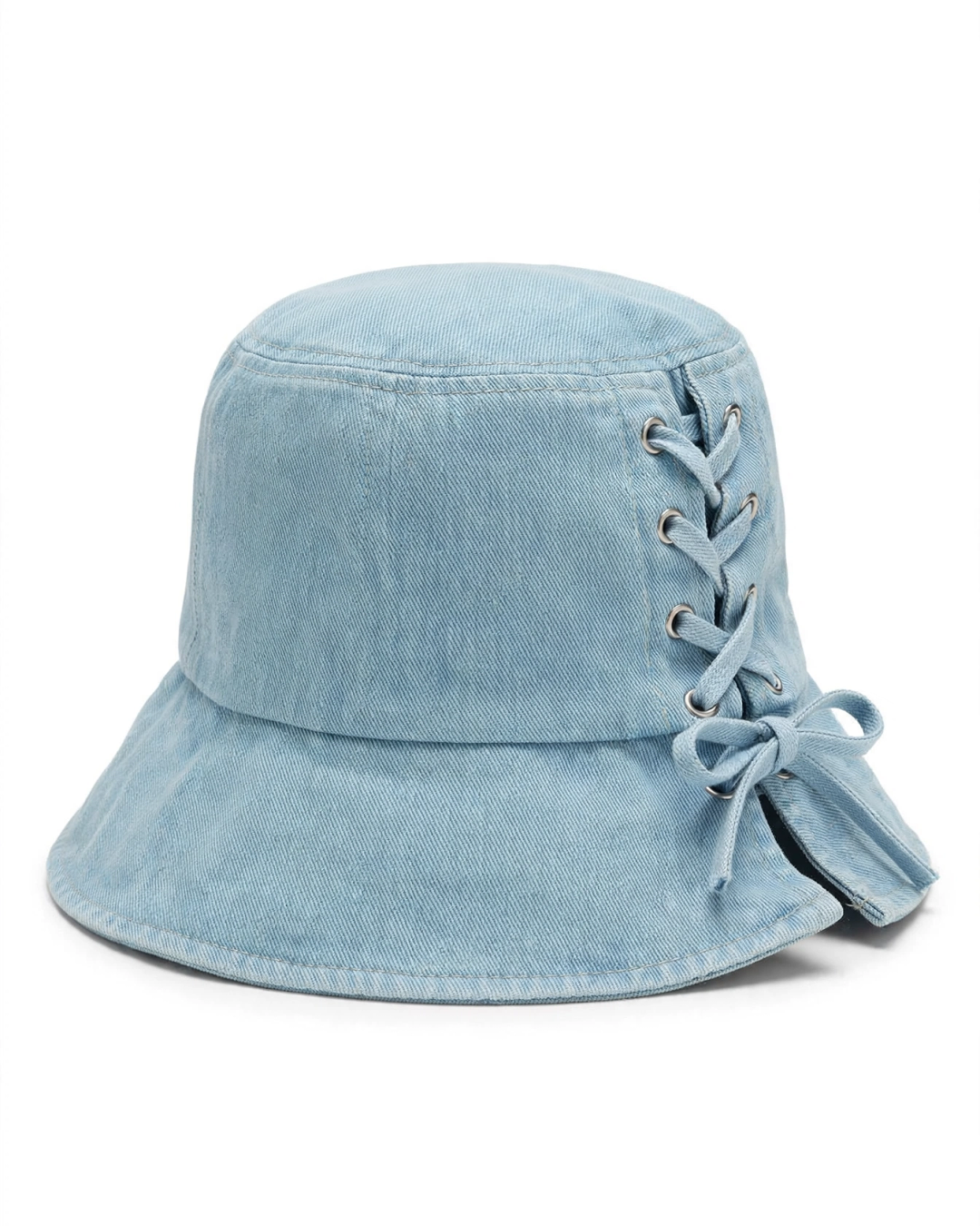 Foldable Denim Bucket Hat with Lace-Up Detail