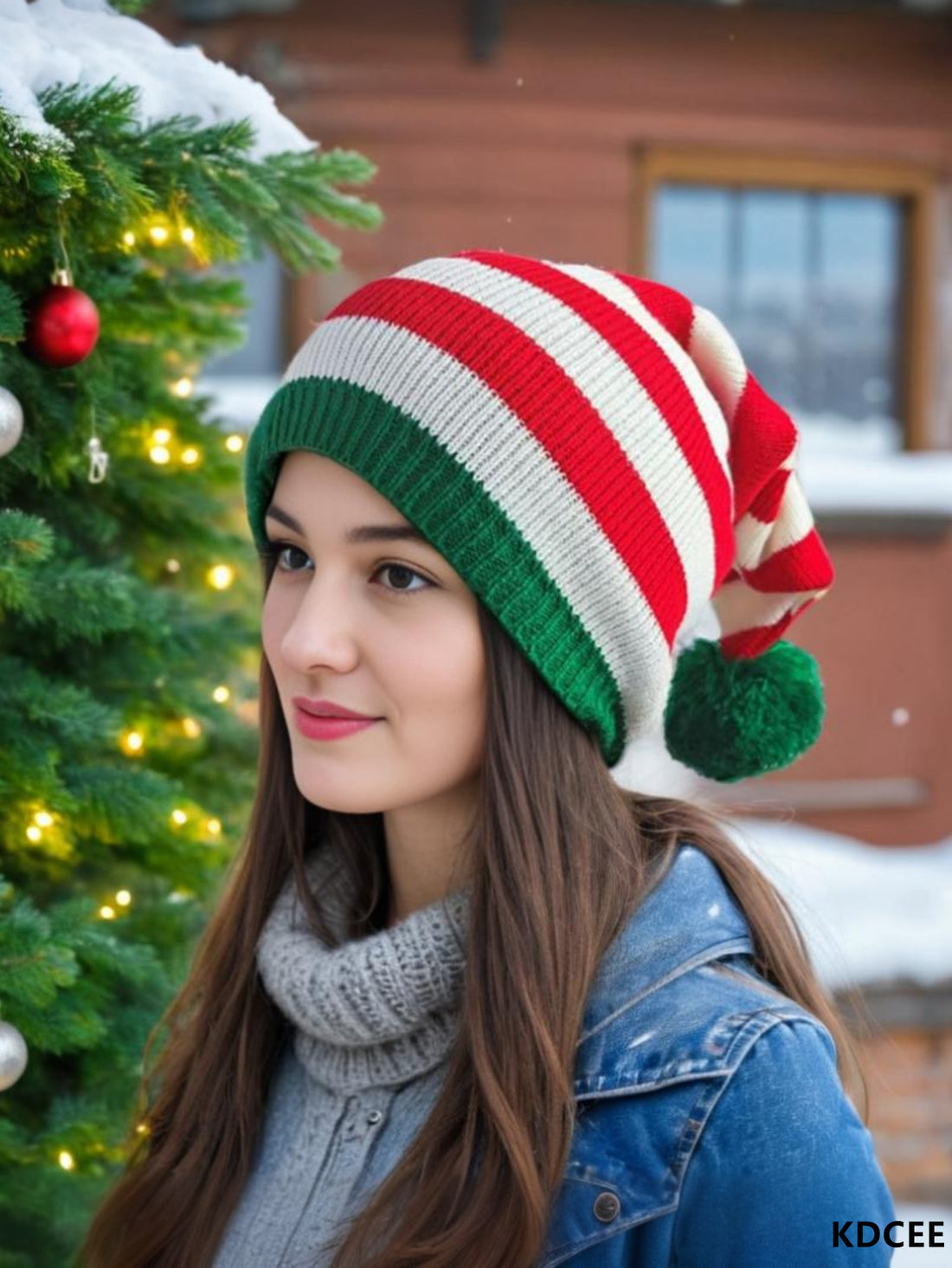 Christmas Striped Beanie with Pom Pom - Festive Knit Hat