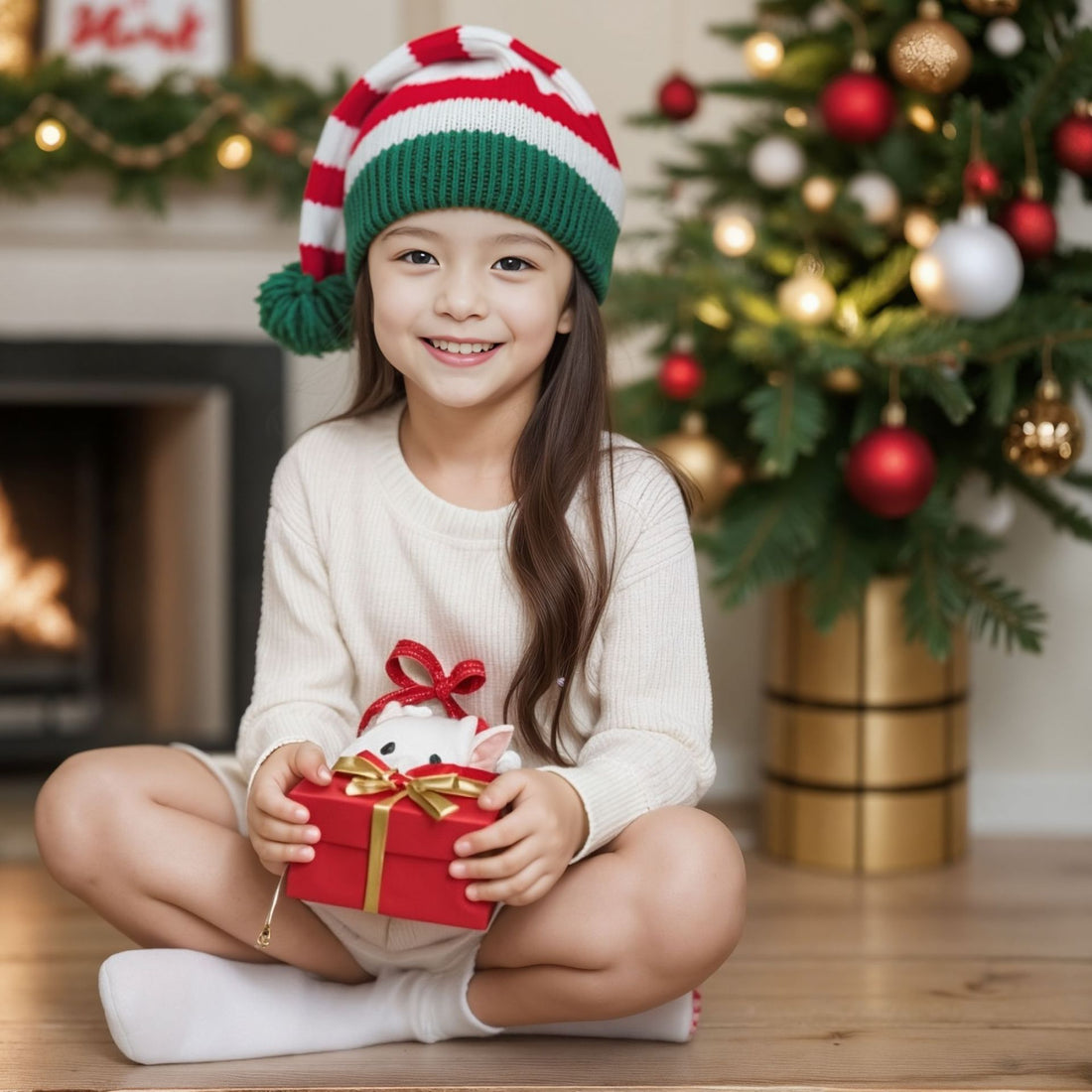 Candy Stripe Christmas Beanie with Pom-Pom - Adult & Kids