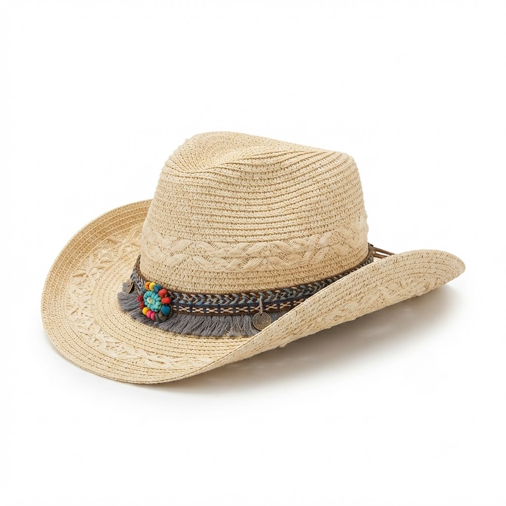 Ethnic Straw Cowboy Hat - UV Protection Summer Beach Hat