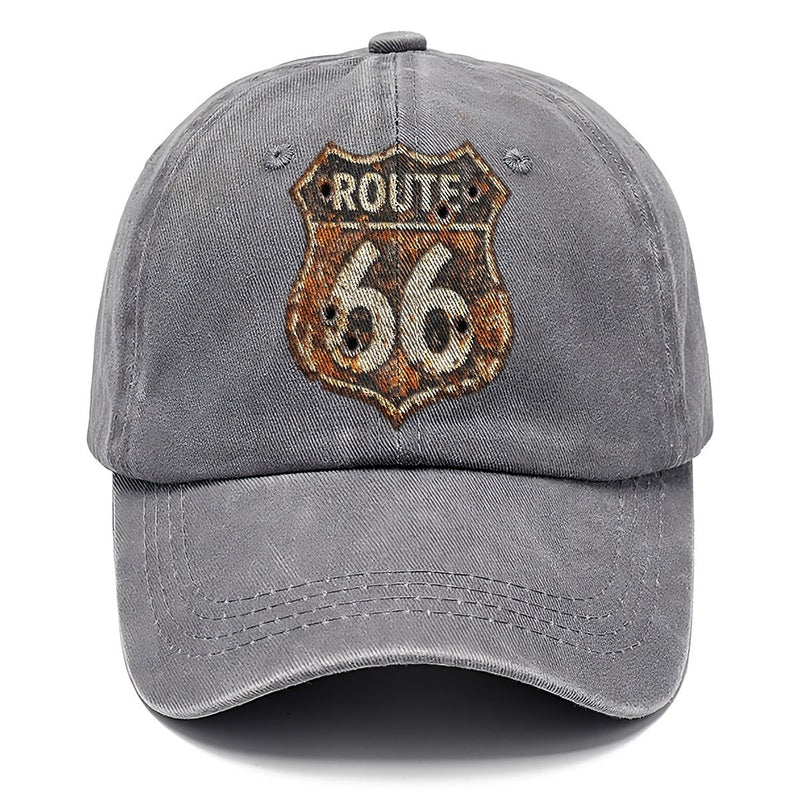 Weathered Marker Rust Aged Route 66 Sign Desert Sun Bleached Bullet Holes Classic Cap