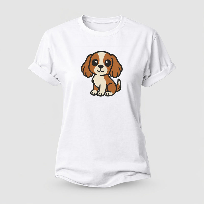 Cavalier King Charles Spaniel Blenheim Colored Sitting Pose Portrait Design Women's Cotton T-Shirt