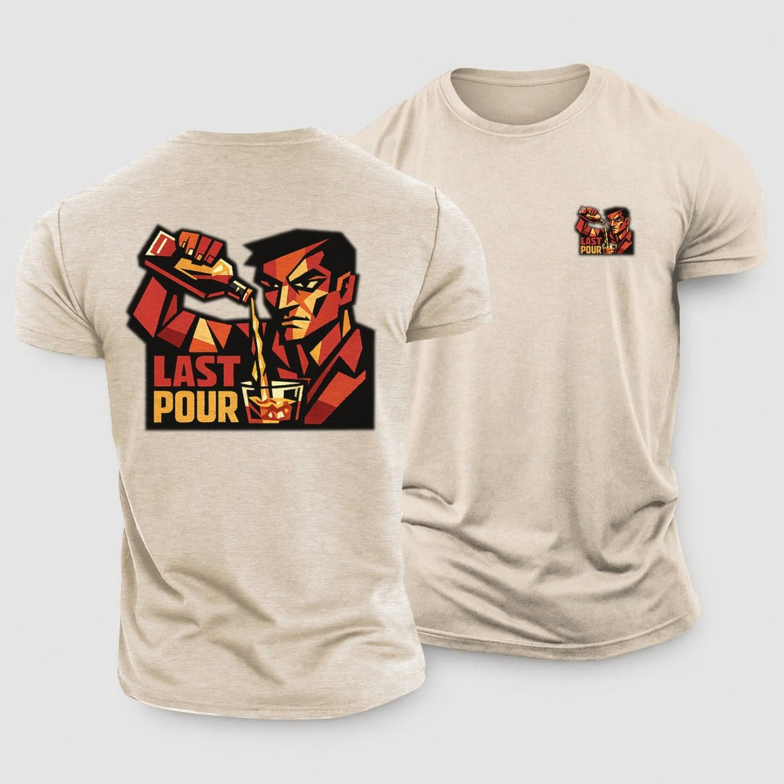 Man Pouring Bottle Dramatic Diagonal Arm Cotton T-Shirt