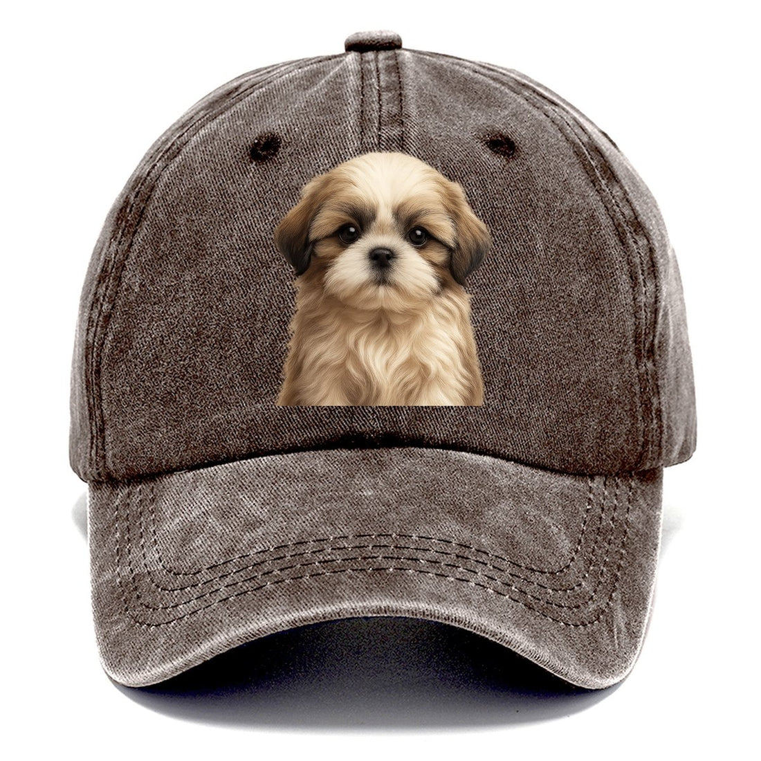 Baby Shih Tzu Puppy Long Flowing Coat Flat Face Big Dark Eyes Front Facing Classic Cap