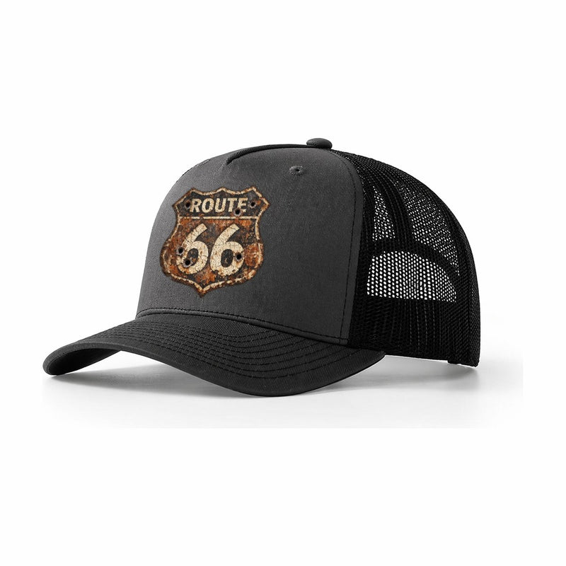Weathered Marker Rust Aged Route 66 Sign Desert Sun Bleached Bullet Holes Trucker Hat