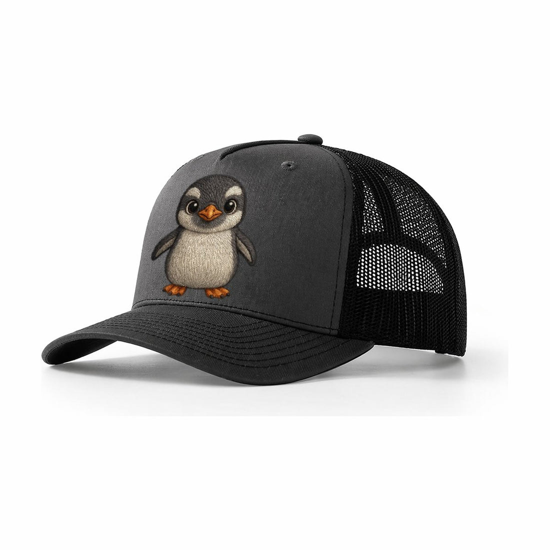 Baby Gentoo Penguin Orange Beak White Cap Bright Eyes Front Facing Energetic Trucker Hat