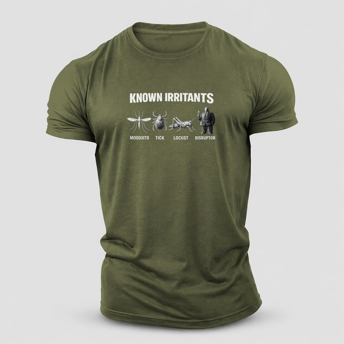 Taxonomy Specimen Chart Known Irritants Four Silhouettes In A Row Mosquito Tick Locust And A Suited Man With A Rocket Labeled Disruptor Cate Cotton T-Shirt