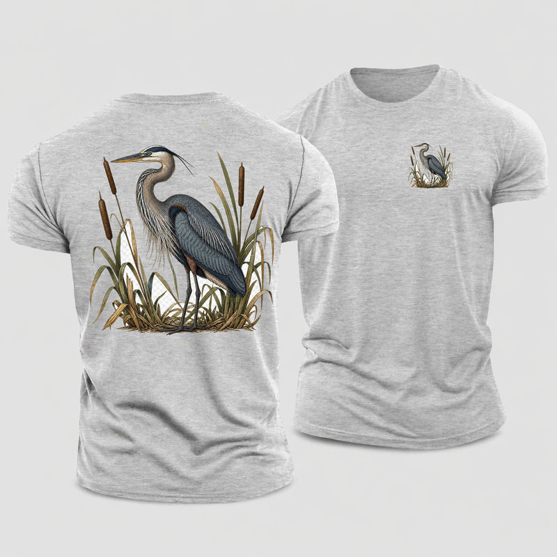 Heron Standing Still Among Cattails Slate Cotton T-Shirt