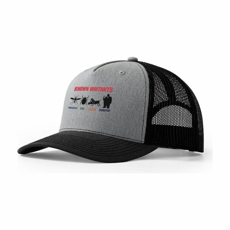 Taxonomy Specimen Chart Known Irritants Four Silhouettes In A Row Mosquito Tick Locust And A Suited Man With A Rocket Labeled Disruptor Cate Trucker Hat