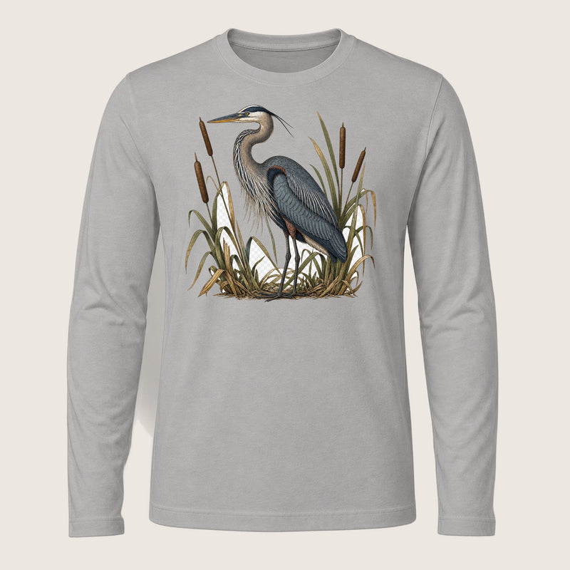 Heron Standing Still Among Cattails Slate Long Sleeve T-Shirt