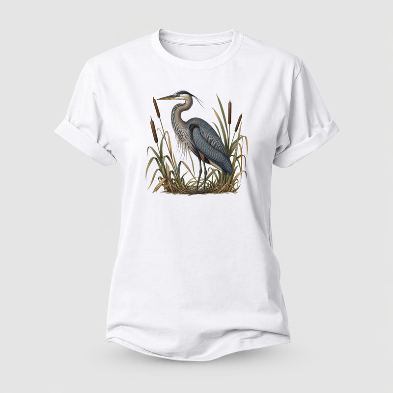 Heron Standing Still Among Cattails Slate Women's Cotton T-Shirt
