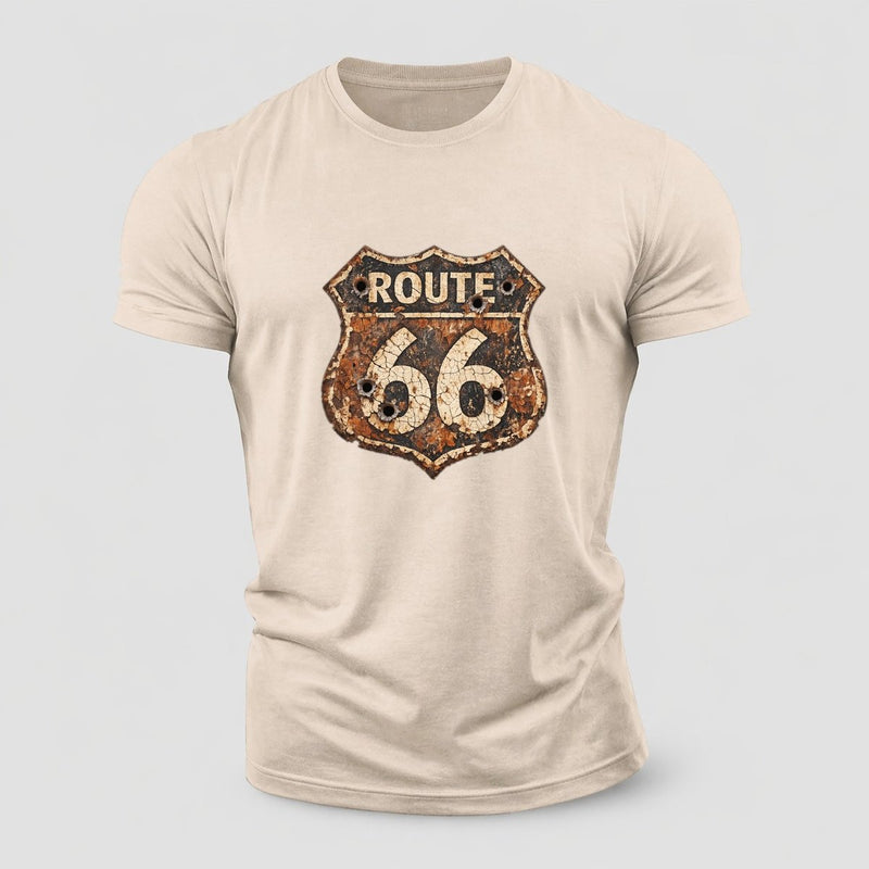 Weathered Marker Rust Aged Route 66 Sign Desert Sun Bleached Bullet Holes Cotton T-Shirt