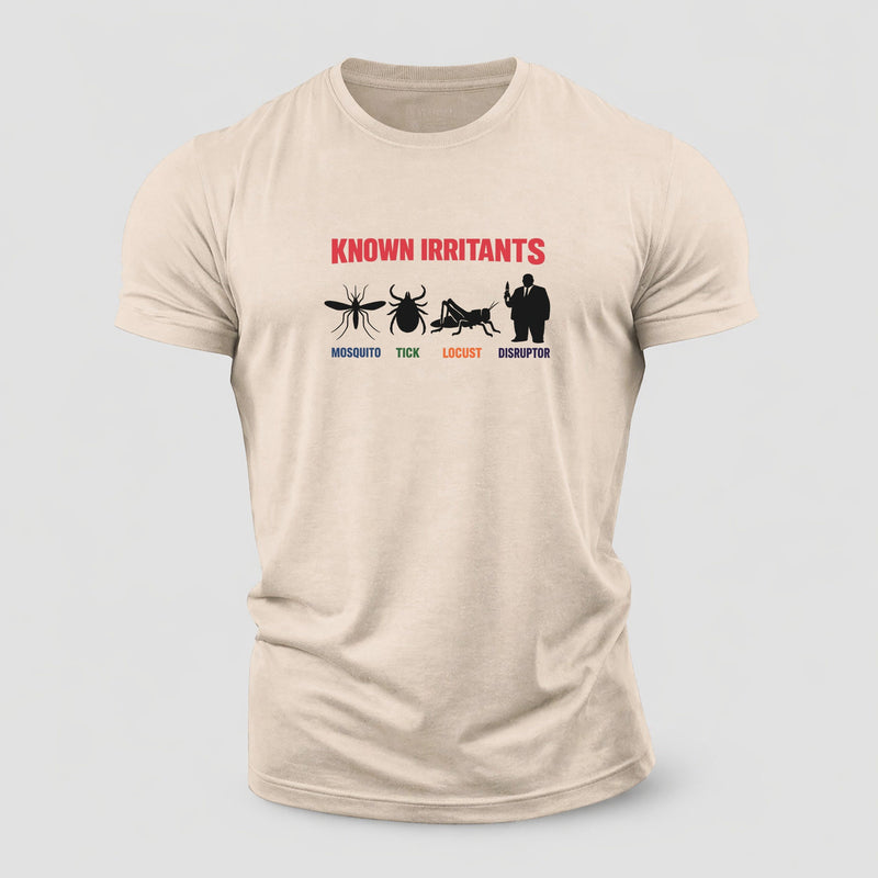 Taxonomy Specimen Chart Known Irritants Four Silhouettes In A Row Mosquito Tick Locust And A Suited Man With A Rocket Labeled Disruptor Cate Cotton T-Shirt