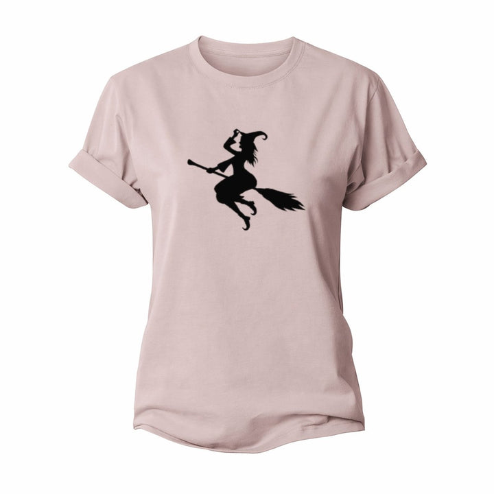 Enchanting Witch On Broom Cotton T-Shirt – Pink