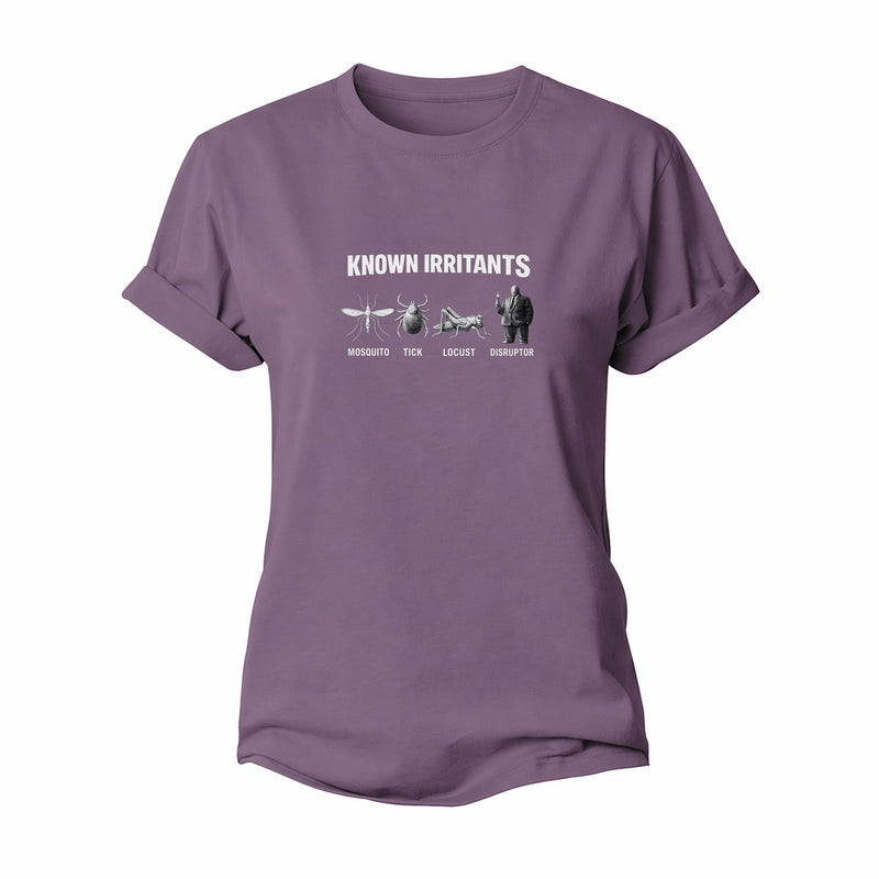 Taxonomy Specimen Chart Known Irritants Four Silhouettes In A Row Mosquito Tick Locust And A Suited Man With A Rocket Labeled Disruptor Cate Women's Cotton T-Shirt