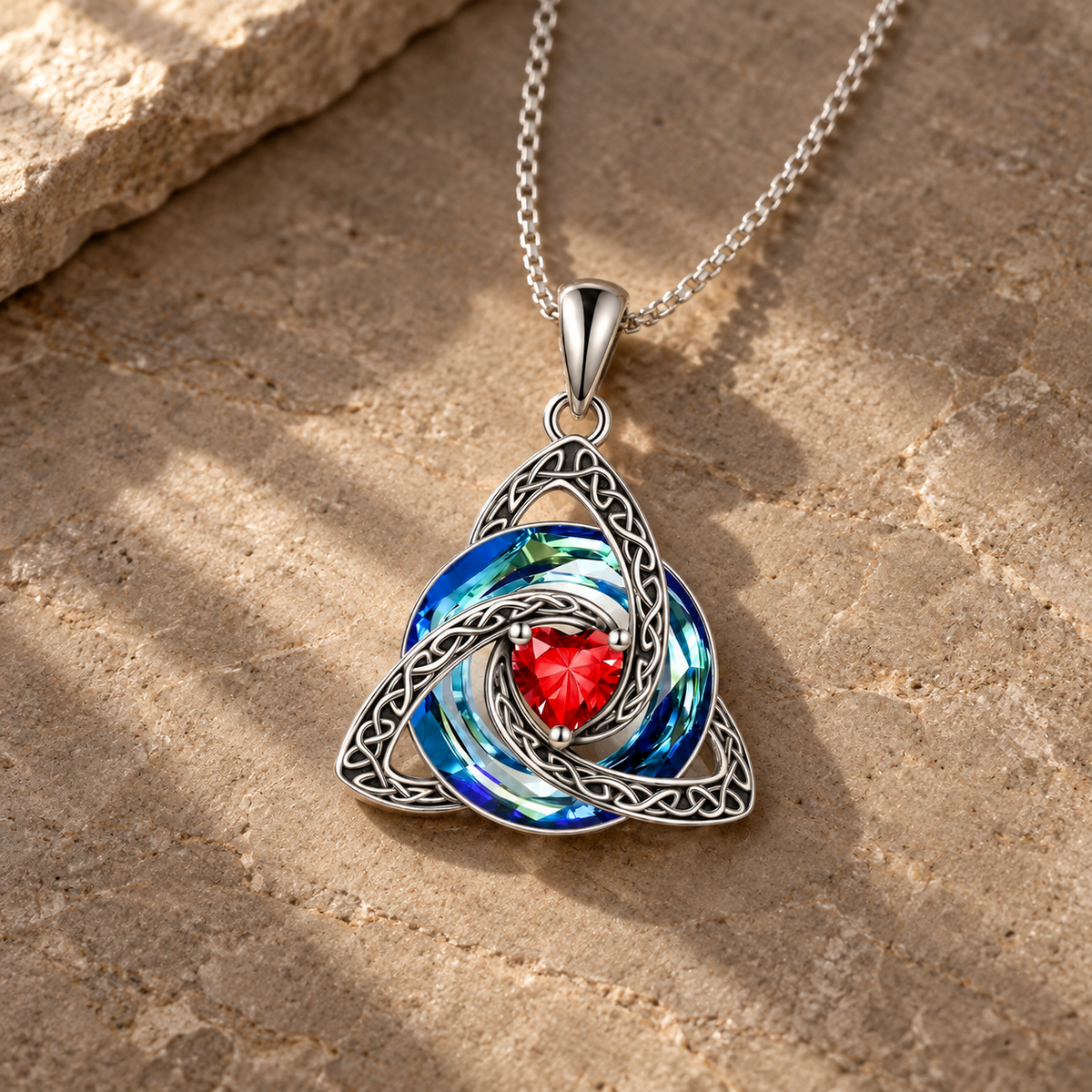 Mellowby editorial — January red Witch Knot Birthstone Necklace on warm taupe stone with natural shadow