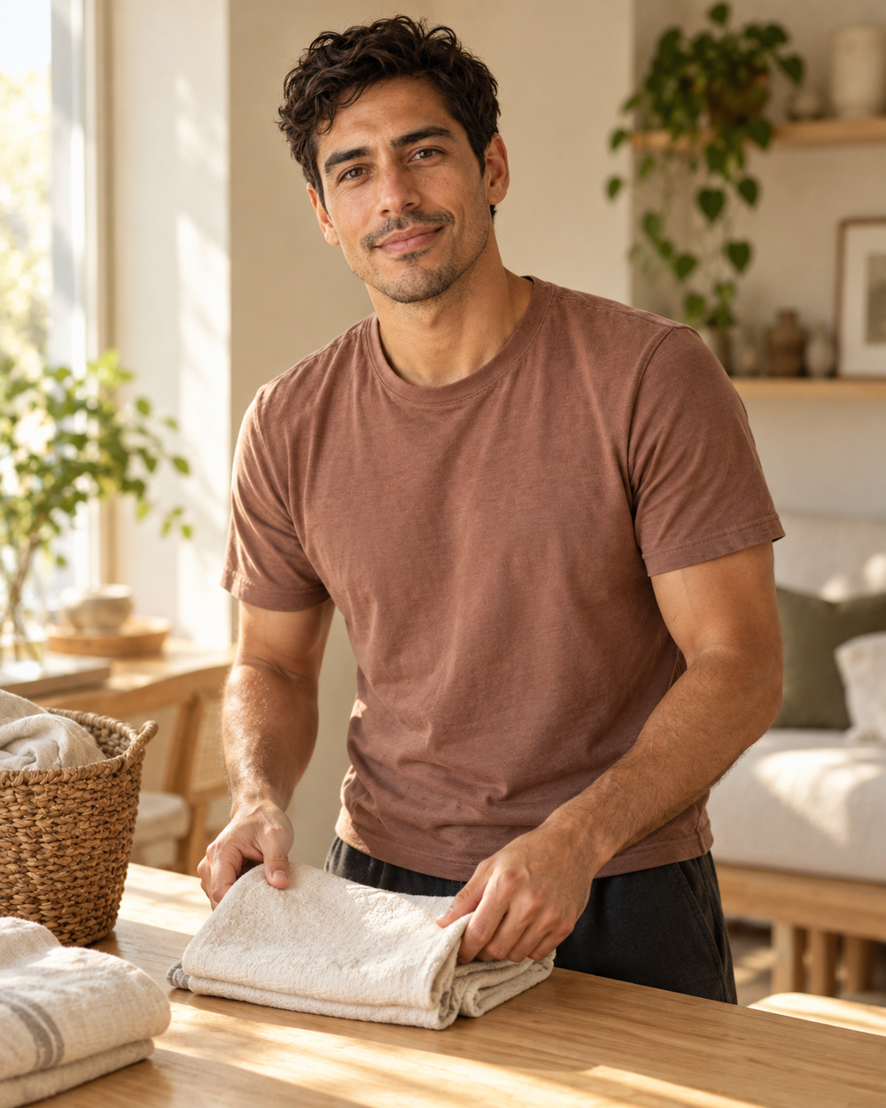 Jonah folding fresh linens at home