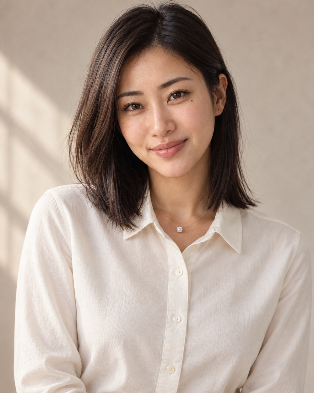 Lina wearing the Mellowby Floating Pendant Necklace in soft daylight