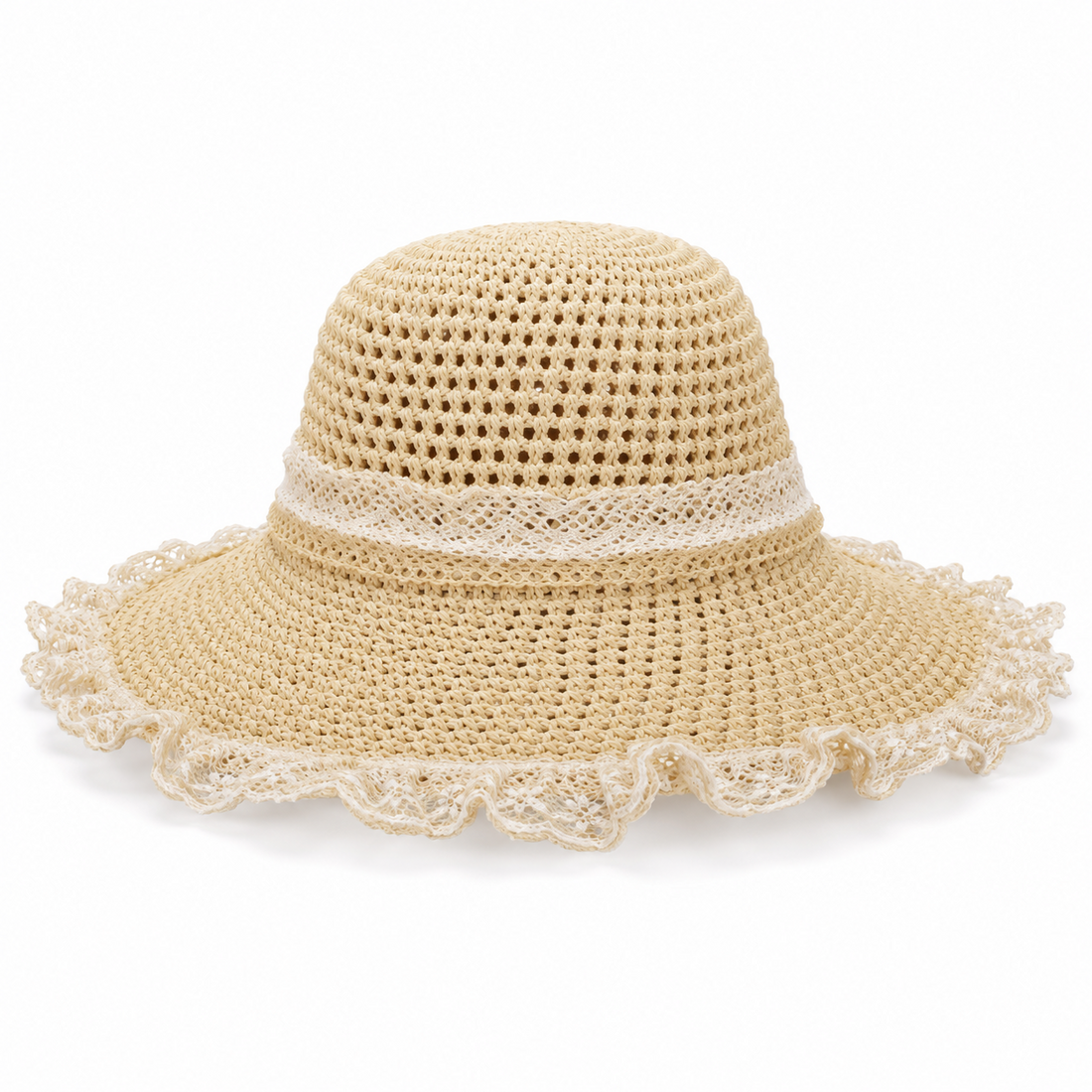 Lace-Trimmed Straw Bucket Hat for Sun Protection