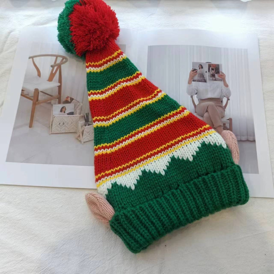 Striped Elf Ear Christmas Beanie with Pom-Pom