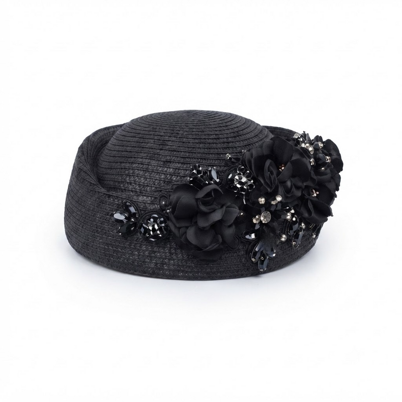 Floral Straw Pillbox Hat with Rhinestones