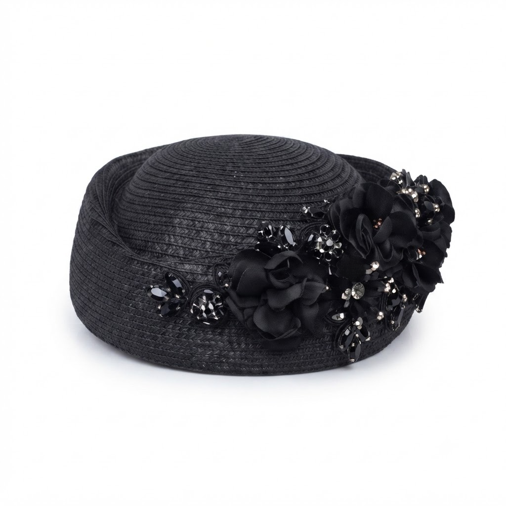 Floral Straw Pillbox Hat with Rhinestones