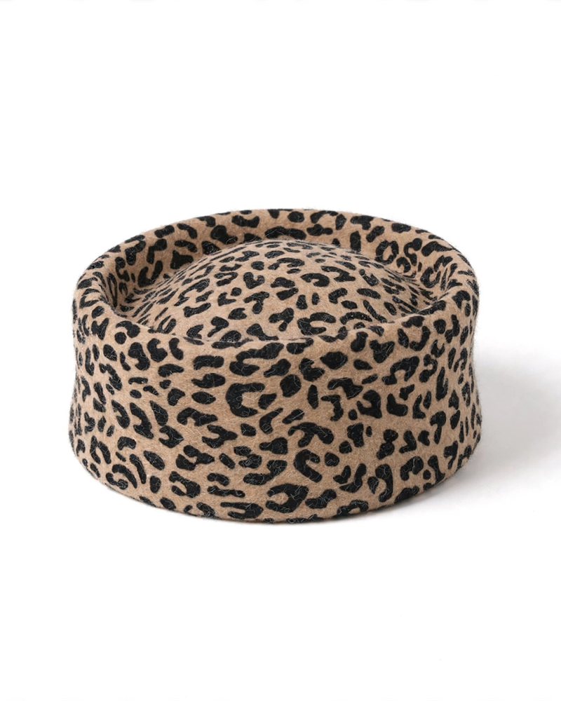 Leopard Print Wool Pillbox Hat for Women