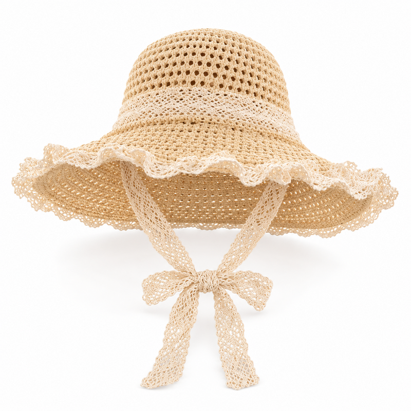 Lace-Trimmed Straw Bucket Hat for Sun Protection