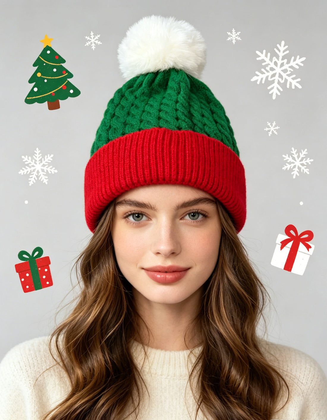 Christmas Knit Beanie with Pom-Pom - Red Green Elf Hat