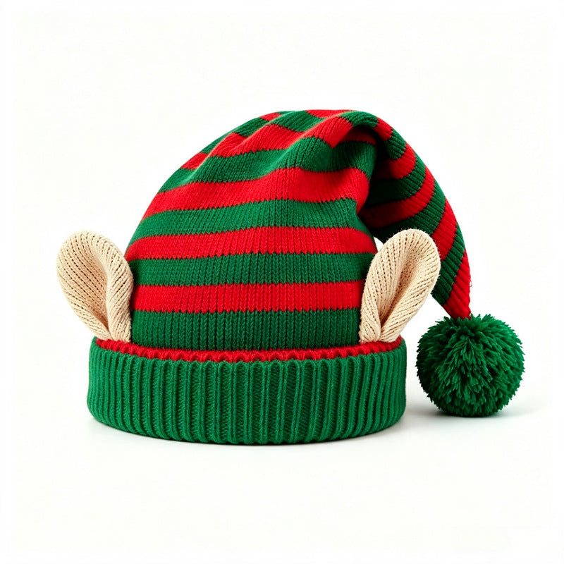 Striped Elf Ear Knit Beanie with Pompom