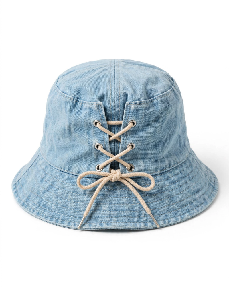 Foldable Denim Bucket Hat with Lace-Up Detail