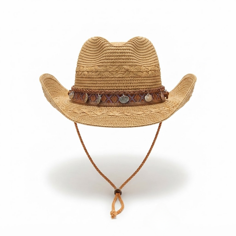Ethnic Straw Cowboy Hat - UV Protection Summer Beach Hat