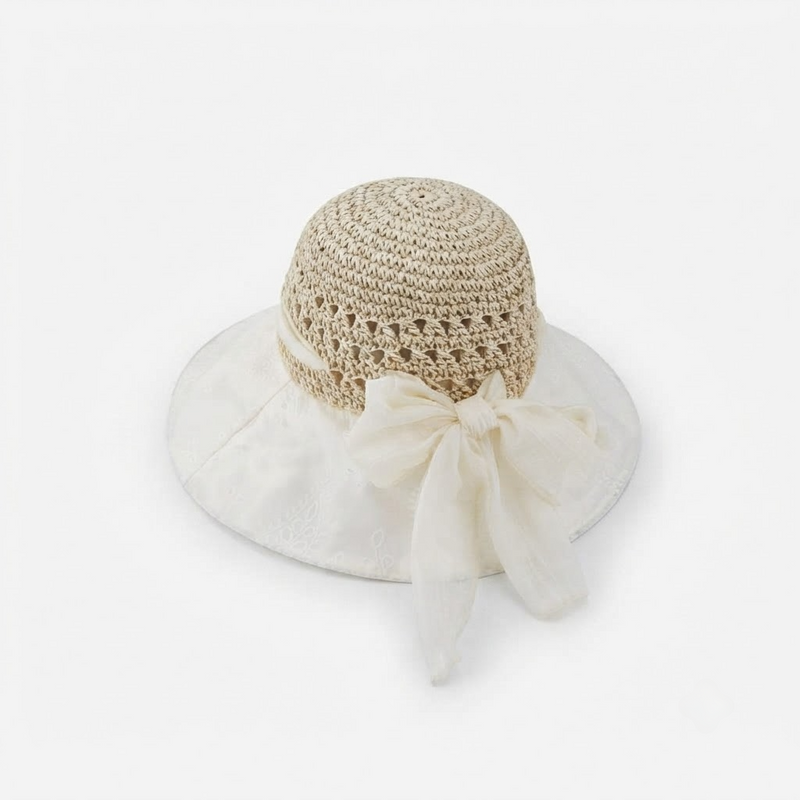 French-Style Wide Brim Straw Sun Hat with Bow
