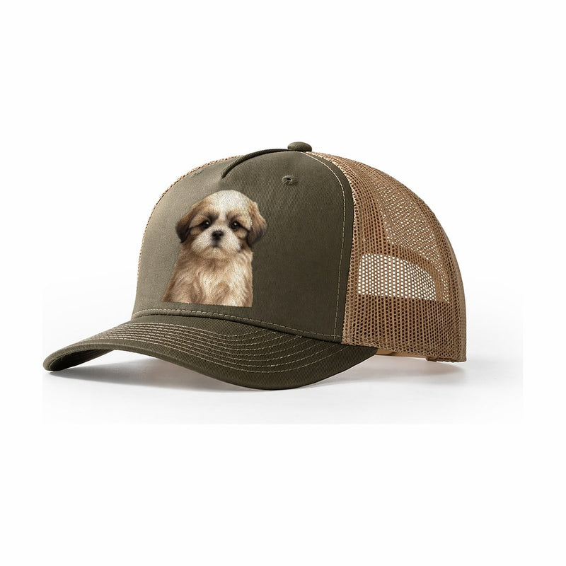 Baby Shih Tzu Puppy Long Flowing Coat Flat Face Big Dark Eyes Front Facing Classic Cap Trucker Hat