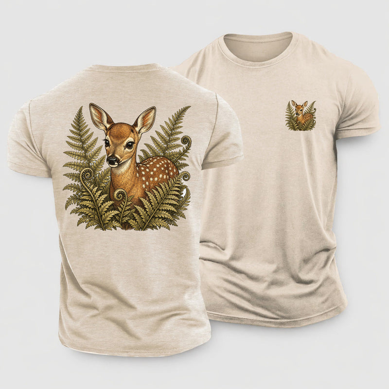 Fawn Peering Through Ferns Spots Cream Cotton T-Shirt