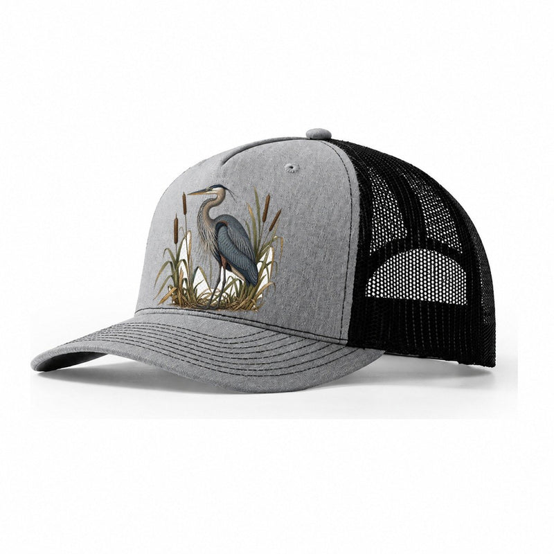Heron Standing Still Among Cattails Slate Trucker Hat