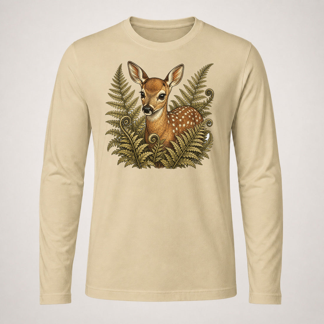 Fawn Peering Through Ferns Spots Cream Long Sleeve T-Shirt