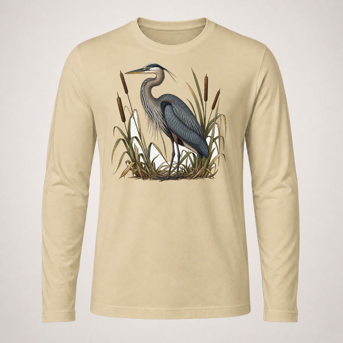 Heron Standing Still Among Cattails Slate Long Sleeve T-Shirt
