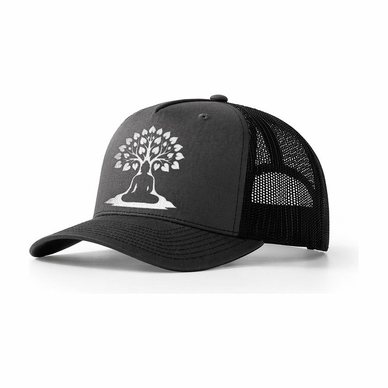 Buddha Silhouette Meditating Negative Space Forms Bodhi Tree Trucker Hat
