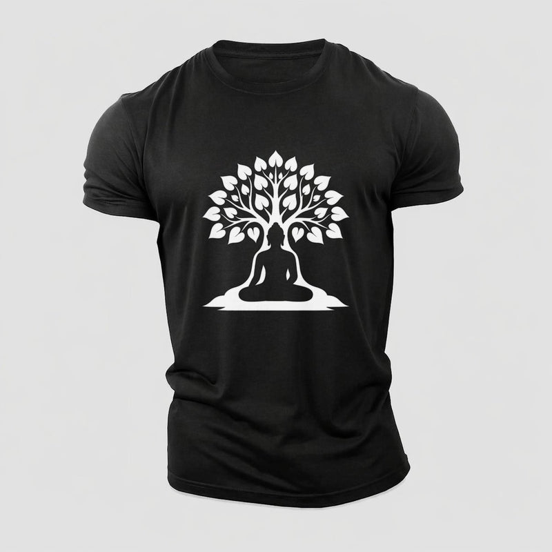 Buddha Silhouette Meditating Negative Space Forms Bodhi Tree Cotton T-Shirt