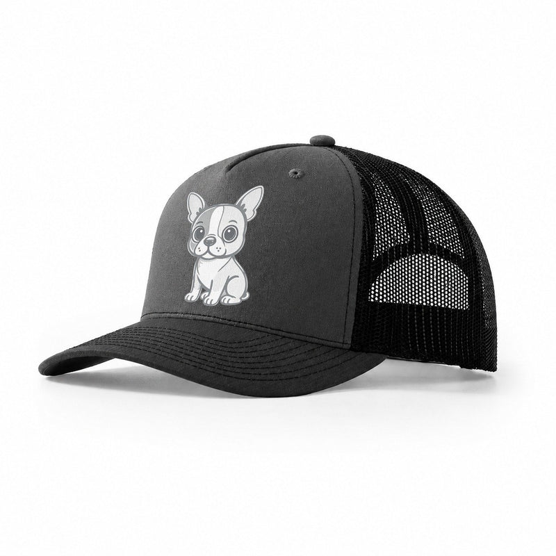 Boston Terrier Black And White Sitting Pose With Tuxedo Markings Portrait Design Trucker Hat