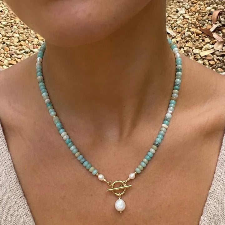 Turquoise Bead Pearl Necklace — view 1