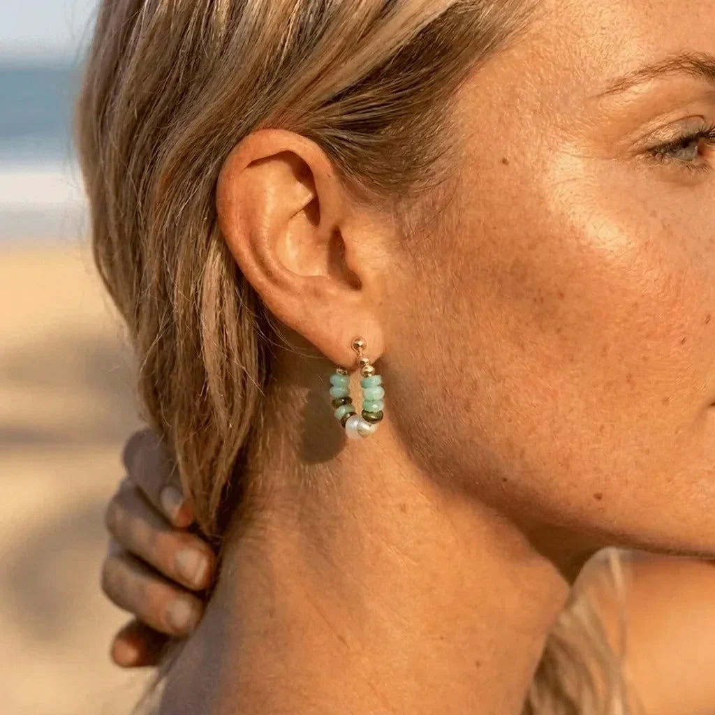 Turquoise Bead Pearl Hoops — view 1