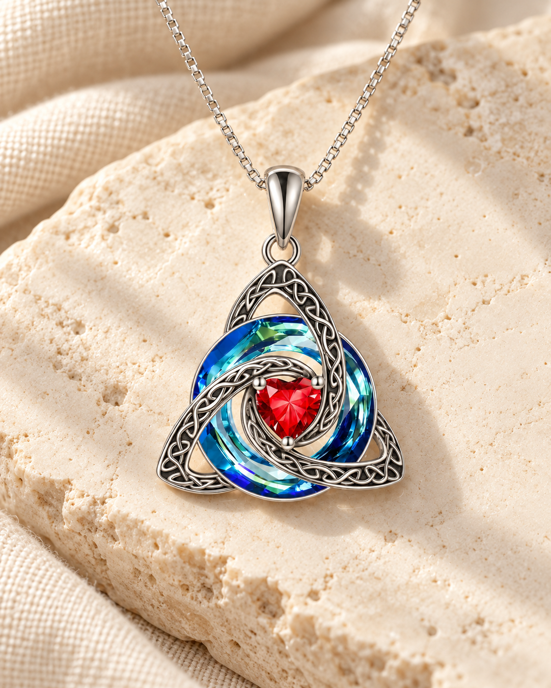 Close view of the January red heart in the Witch Knot necklace