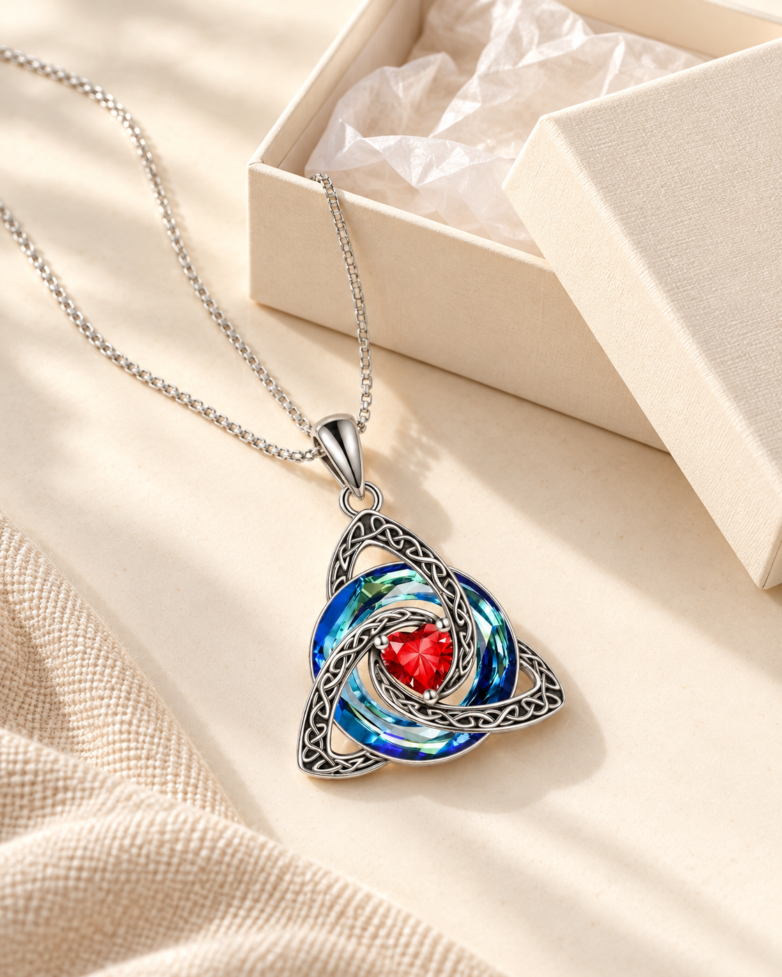 Witch Knot Birthstone Necklace beside an ivory jewellery gift box